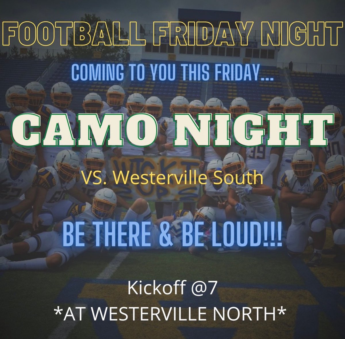 FIRST GAME OF THE SEASON‼️ Come out and support our boys as they play their first game against ❌westerville south❌ Make sure you wear your camo 💚🤎

BE THERE &amp; BE LOUD 💙💛

⚠️REMINDER⚠️: its at westerville NORTH 

#LLBM #LetsGetKinky #BeBrave