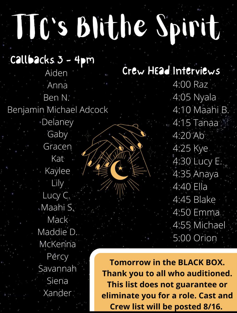 TravisTheatre's tweet image. See you tomorrow at 3pm in the Black Box for callbacks! Crew head interviews begin at 4. @THS_Tigers