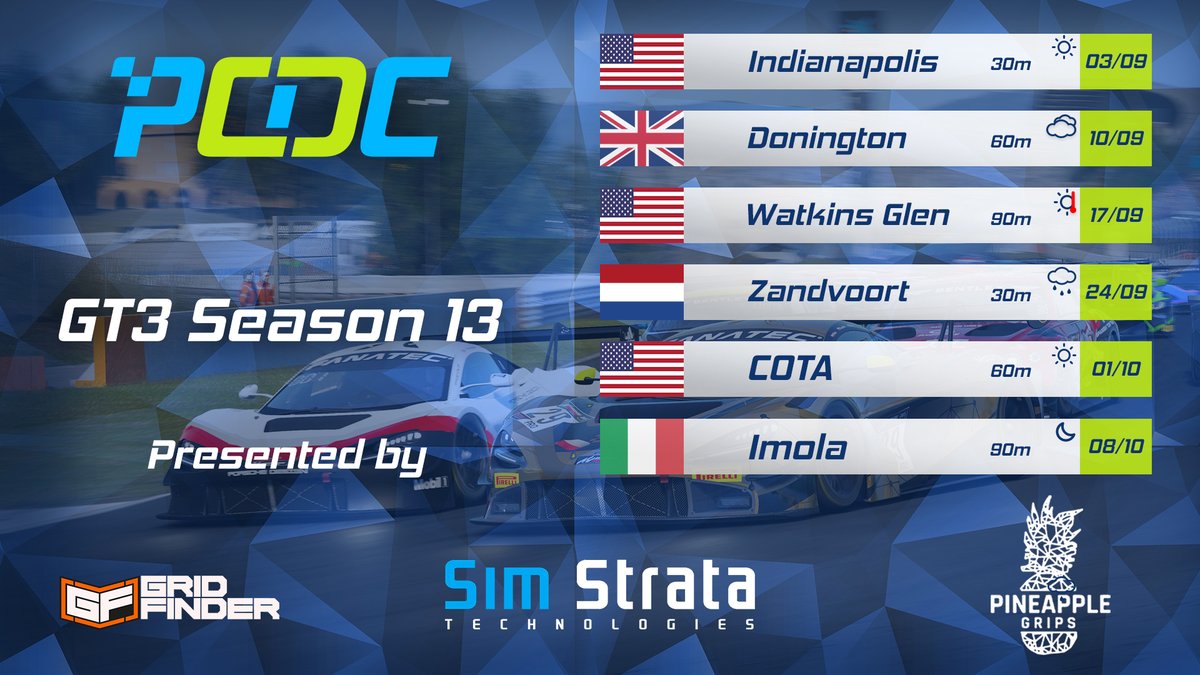 It's time to go racing, PCDC Motorsports GT3 Championship Season 13!!!

Starting beginning of September, incorporating the new American DLC track pack and prizes coming from Pineapplegrips.co.uk, for more details and sign up, join the website/discord in bio! 🏁

#Esports #acc