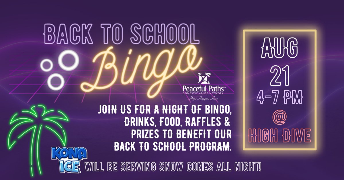 THIS SUNDAY! Join us for the 3rd Annual Back to School Bingo Night benefitting <a href="/peacefulpaths/">Peaceful Paths</a>! Fun for all ages with prizes, great food, drinks + music!

Admission is Free! You can purchase bingo cards at the door! We will also have a "gift card" raffle you won't want to miss!