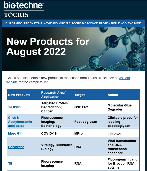 ProteinSimpleJ's tweet photo. TORCIS(トクリス)社、8月登場新製品例
*SJ 6986
標的タンパク質分解; がん研究。分子接着剤分解剤(ターゲット:GSPT1/2)
*Mpro 61
COVID-19研究。インヒビター(ターゲット:MPro)
詳細はこちら
https://t.co/lacbudlPdl
#TOCRIS #Bio_Techne #新製品 #SJ6986 #Mpro61 #TBI #Polybrene https://t.co/7VHSfoChSc