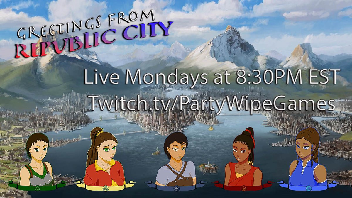 PartyWipeGames's tweet photo. Greetings From Republic City! 
Following the end of The Legend of Korra new heroes step up to defend their new home and friends!
Join us live for Avatar Legends by @MagpieOfficial

Staring: 
@ShaeTheFay
@ArchivalDustBun
@sin_gal
@JaniePotts7575
@Me_mimi10

https://t.co/xlEiTqkYiZ https://t.co/dbrfdqU3op