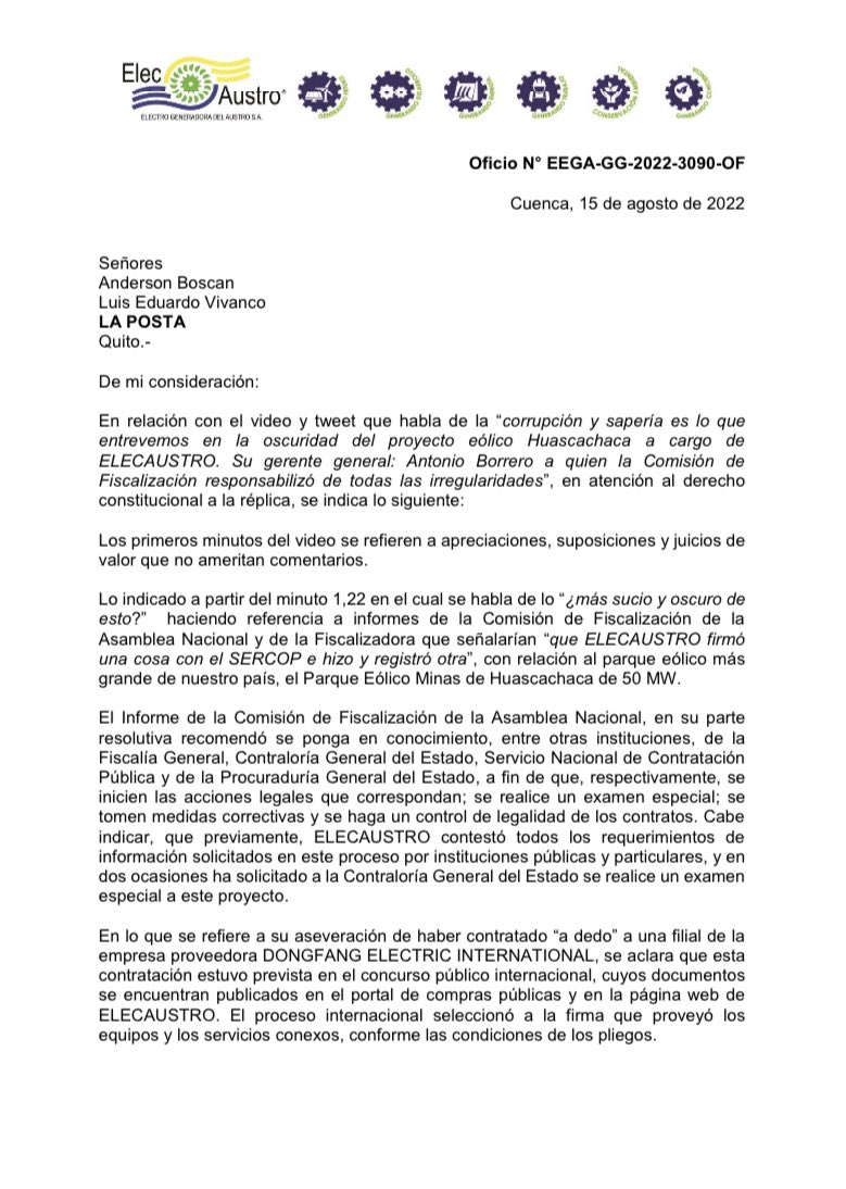 elecaustro's tweet photo. Elecaustro comparte el siguiente comunicado oficial respecto a lo expresado por @LaPosta_Ecu en días pasados sobre el Proyecto Eólico Huascachaca, mismo que avanza con normalidad.

Link: https://t.co/jScZpnEGeI

#ELECAUSTRO
#EnergíaParaLaVida https://t.co/7rNkQ1SF9B