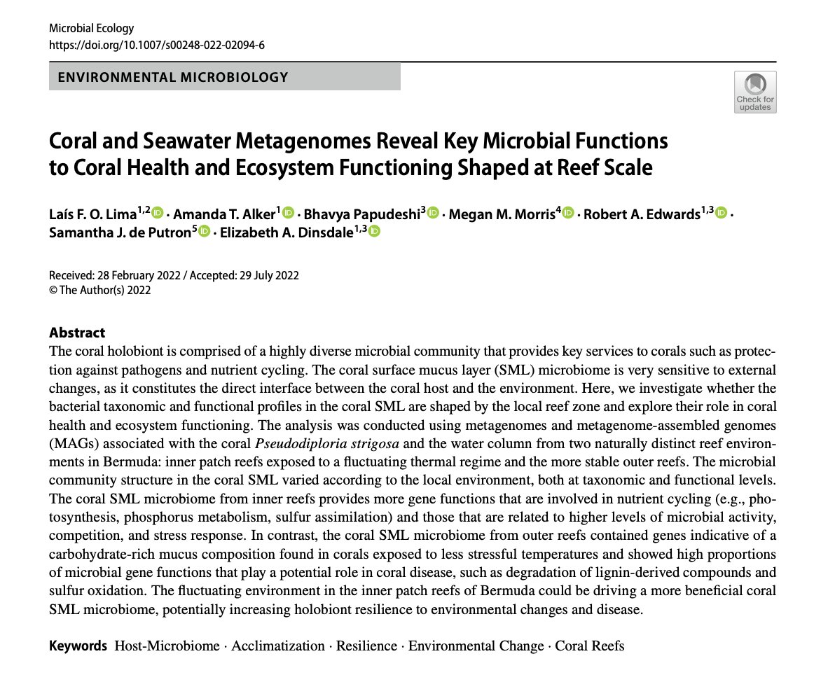 We are proud to announce the latest publication by Laís Lima from the Dinsdale Lab!! You can read the full paper here: link.springer.com/article/10.100…

#coralmicrobiomes #coralreefs #environmentalchange #hostmicrobiome #metagenomics