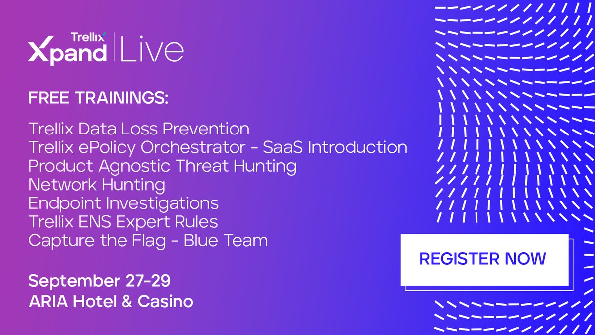 Trellix's tweet photo. What happens in Vegas doesn’t have to stay there – learn new cybersecurity skills at Xpand Live with our free technical training! We’ll be previewing a new training every day so make sure to check in on this thread. 🧵

https://t.co/8210zCUH0e https://t.co/DFfYCC7AeX
