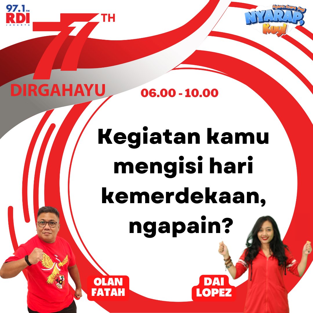 #NYARAPKUY  

Sobat RDI, besok udah 17 Agustusan nih!
Kamu mau isi kegiatannya ngapain aja?

Kuy ikutan komen ya sambil meriahin acara menjelang 17 Agustusan!!

Bang Olan Fatah dan Dai Lopez udah semangat 45 nih bacain komen kamu!