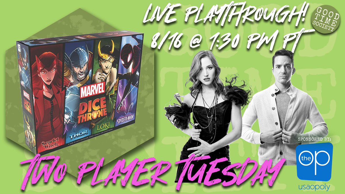 goodtimesociety's tweet photo. Scarlet Witch versus Miles Morales Spiderman - who will win? 

Find out the definitive for all time answer with a #MarvelDiceThrone battle tomorrow on #TwoPlayerTuesday 

Featuring Becca vs. Mr. Becca (covid special edition!)
Sponsored by @TheOpGames

1:30 PM PT *note late start! https://t.co/GFCVPGBeGr