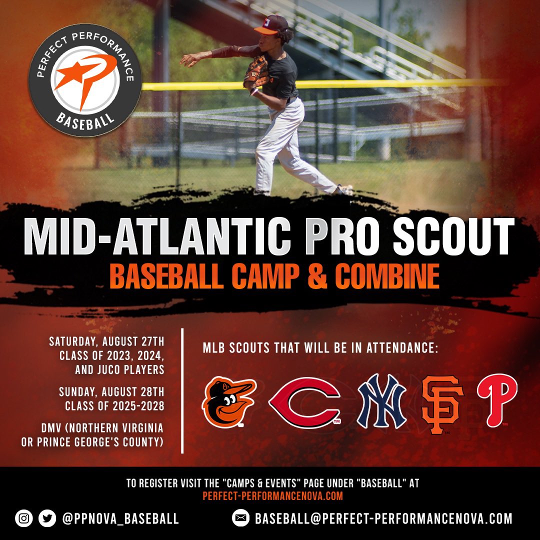 Scouts from the Orioles, Yankees, Giants, Reds, and Phillies will be leading a baseball combine for 2023, 2024, and JUCO players and a Camp for 2028-2025 players. Register and learn more at the the link below!

perfect-performancenova.com/pp-baseball-ca…