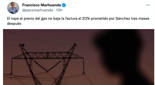 otra Marhuendiana mamandurria a ver si liamos al personal..Sánchez NO prometió, hizo una previsión y no tan errada pues el rebaje en factura hasta ahora oscila entre un 15 o 18%, con el añadido que el resto de la CE, que carecen del 'tope' pagan más caro, algunos doblan, el kw