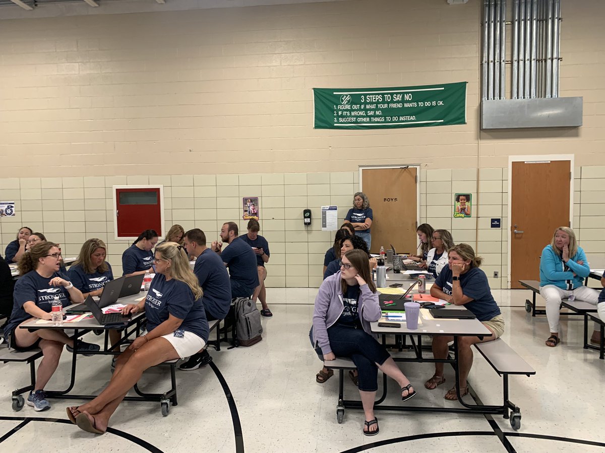 PrassPaxson's tweet photo. Prass staff engaged in student centered discussions regarding teacher-student relationships, teaching and learning, safety and wellness and back-to-school routines! #EngagedCollaborators, #LifelongLearners, #CriticalThinkers, #StrongerTogether, #WeAreFirebirds @KetteringSchls https://t.co/1AJtiKUdDe
