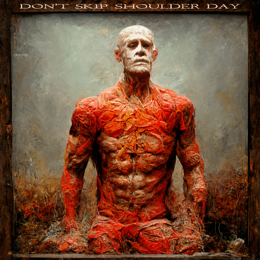 WhoIsJayLamm's tweet photo. Apparently, there's already a fake band called "Don't Skip Leg Day" so I'll have to change my new fake band to the second worst day at the gym, "Don't Skip Shoulder Day."
Same hyper-prog lounge-grind though.

#bandname #albumart #generativeart #strength #grindmetal #progmetal https://t.co/MshbuyzMEV