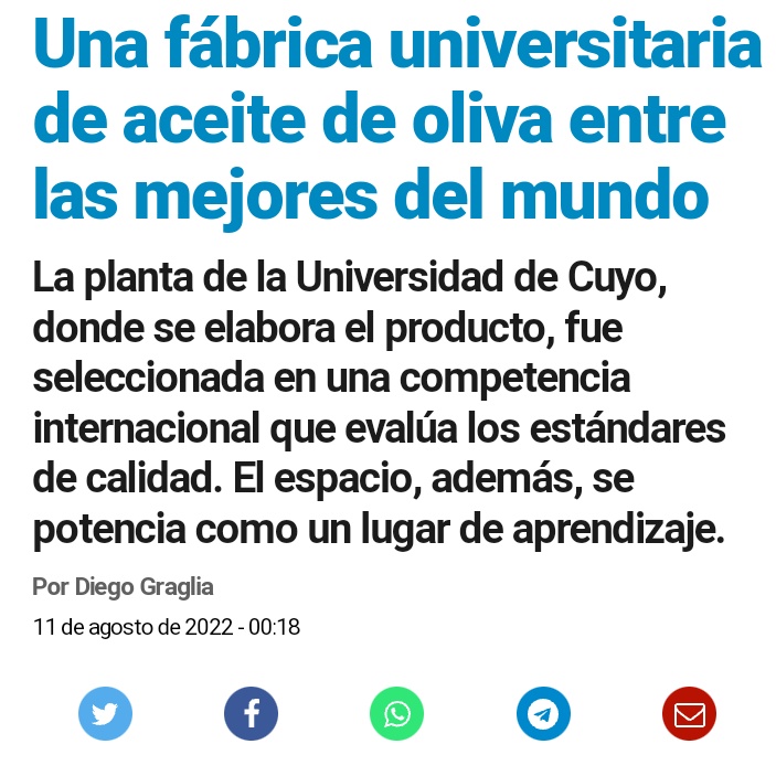 ValenNavarroC's tweet photo. La fábrica de aceite de oliva de la @FCAUNCuyo fue seleccionada a nivel internacional como una de las mejores del mundo.Las aceitunas son provistas por pequeños productores mendocinos. 
Así mismo ha logrado obtener la #IdentificaciónGeográfica
https://t.co/YNaDCzAhbq

@rodysuarez https://t.co/iLGSiRo7pF