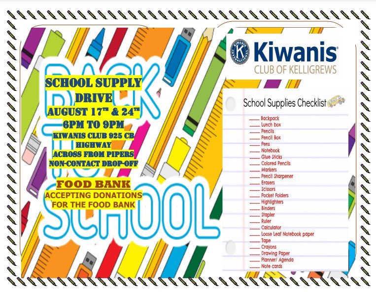 Kiwanis school supply and food bank drive August 17th &amp; 24th. Drop off at Kiwanis Club Kelligrews 6-9 pm. Supplies will be distributed to children in the local area. 
#givingback #BacktoSchool2022 #community