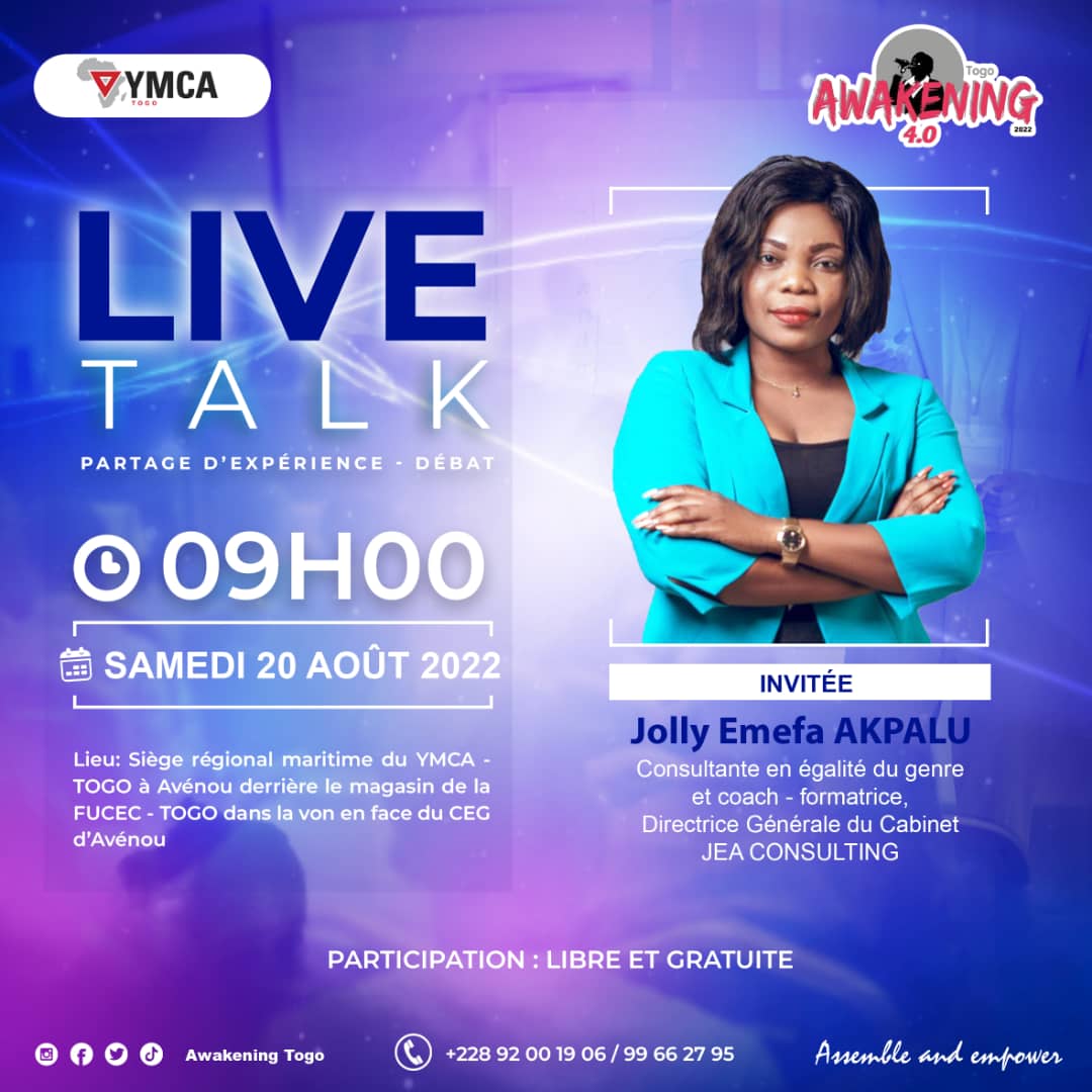 Ce samedi 20 Août 2022 à partir de 9h00 au siège régional maritime du YMCA-TOGO.

Voulez-vous en savoir plus sur moi ?
La participation est libre et gratuite.

#Livetalk 
#awakeningtogo
#ymcatogo
#JEACONSULTING