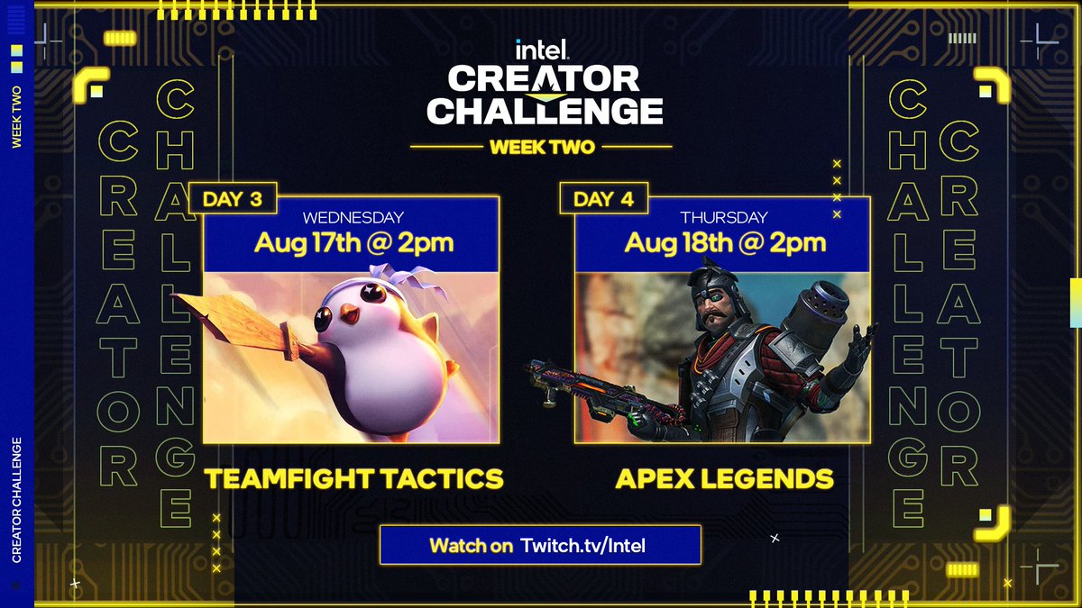 Intel #CreatorChallenge Week 2 has arrived!

Watch our challengers strategize their way to the top in <a href="/TFT/">Teamfight Tactics</a> and <a href="/PlayApex/">Apex Legends</a>!

📺 Twitch.tv/Intel
👑 Aug 17-18 at 2PM PT