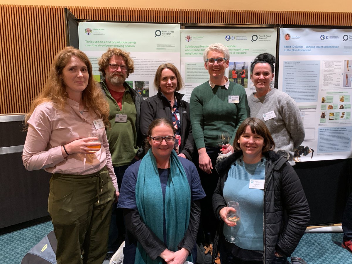 Bugologists's tweet photo. We had a great time at the 2022 NZPPS Symposium and #Conference in Canterbury last week with six posters presented by our very own @Bugologists! Happy 75th birthday @nzppsociety #NZPPS @plantandfood https://t.co/AXZBuPx2me