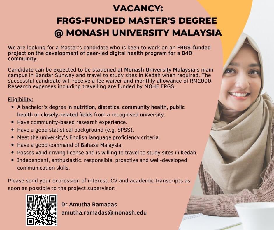 amutha_ramadas's tweet photo. We are looking for candidates for a FRGS-funded MASTERβs program at Monash University Malaysia.
Deadline: 31/08/2022
More details are also available:
https://t.co/tRgYptboo4
#masters #scholarship #frgs #alliedhealth https://t.co/wqgFOV3ZPB