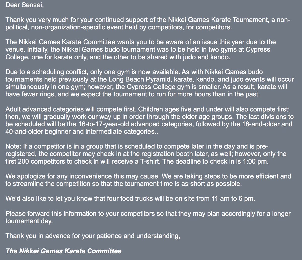 NikkeiKarate's tweet photo. Important announcement regarding the 2022 Nikkei Games Karate Tournament: https://t.co/D5VKteQITK https://t.co/hyIUZndMMm