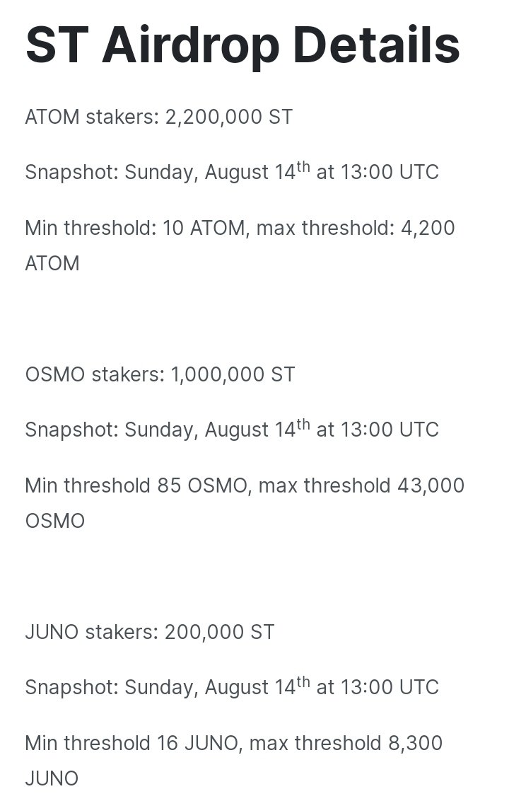 DeFi_Juan's tweet photo. $ST @stride_zone Airdrop for $JUNO, $OSMO & $ATOM stakers
Snapshot: taken August 14 1PM UTC
Min Qualification:
16 $JUNO
10 $ATOM
85 $OSMO
Claiming: TBA
#COSMONAUTS #Juno #Airdrop #ATOM #Osmosis #junoverse #Crypto #btc https://t.co/86dPrYbDHA
