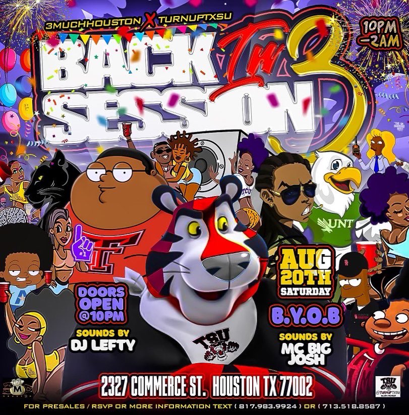 csmoove41's tweet photo. ‼️‼️We are 5 days away from the livest back to school party in Texas #BackInSession3 ‼️‼️
Let’s start the mf year off right ❗️
2327. COMMERCE ST
Hit up @3muchproductions @csmoove41 @smoove.levi for Presales and more info info 🔥🔥
#Txsu #txsu26 #UofH #uofh26 #Pvamu #pvamu26 https://t.co/Vdg4wRq57o