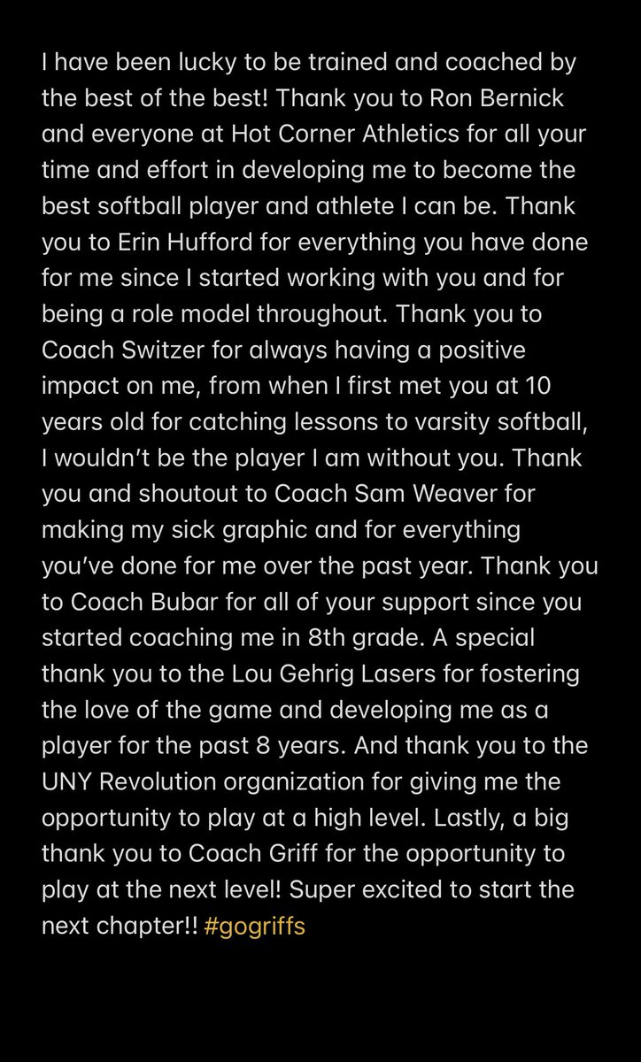 I am extremely excited to announce my commitment to play division 1 softball and further my education at Canisius College! I would like to thank all of my coaches, teammates, and my family for helping me to become the player I am today. <a href="/GriffsSoftball/">Canisius Softball</a>