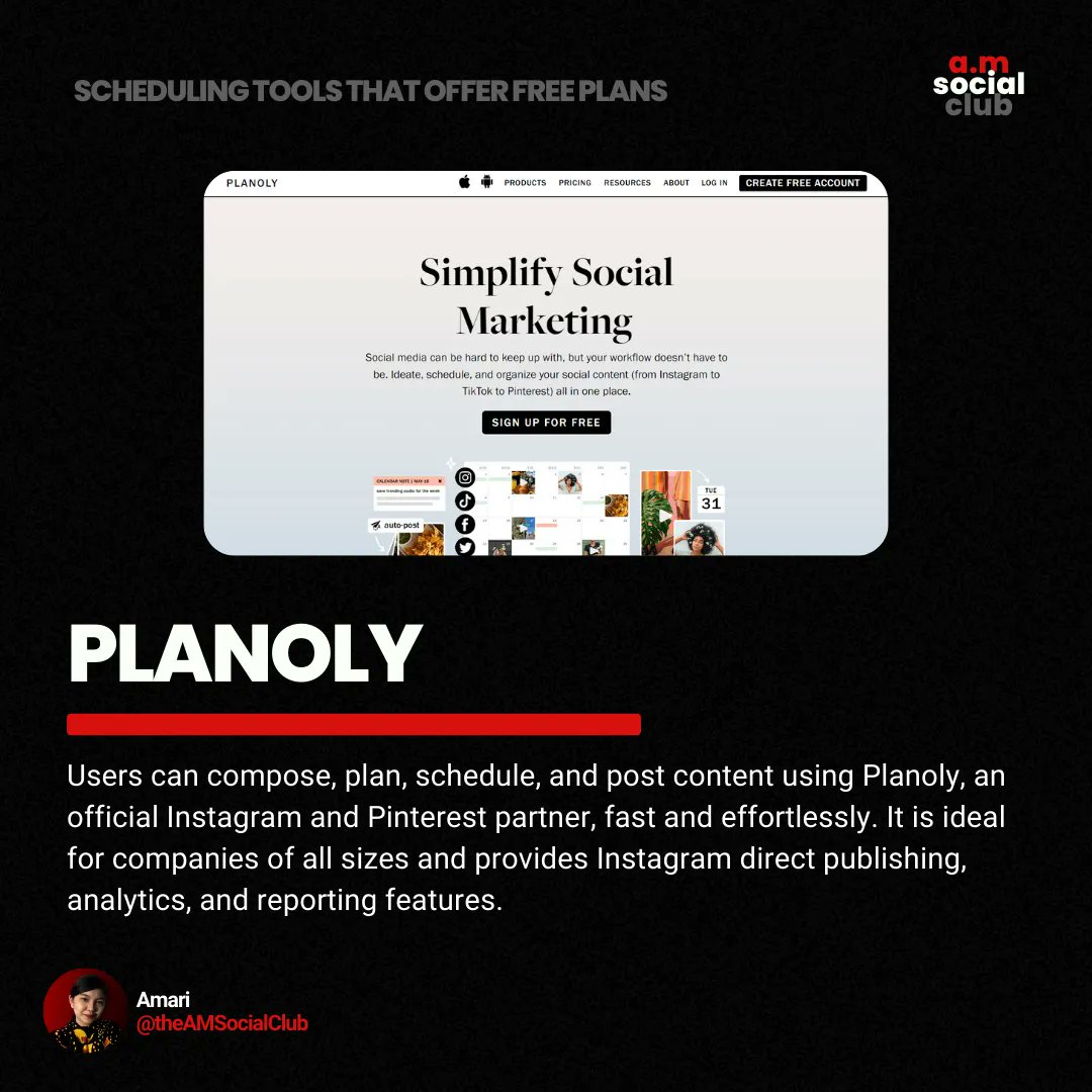 theAMSocialClub's tweet photo. We listed some #socialmedia scheduling tools below that offer FREE plans. 😊

1. #Buffer
2. #Later
3. #Planoly

Don't have any time to create content? We got you! Send us a message or book a call here: https://t.co/syMyxYE5PS 🥰 https://t.co/ePad6DGKAZ