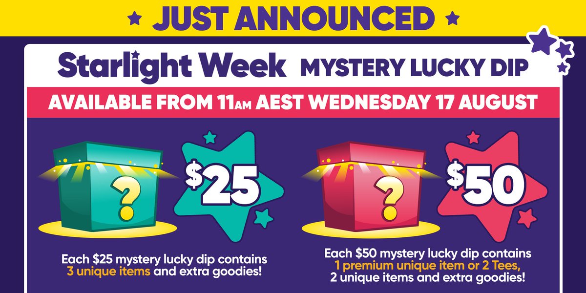 EBGamesAus's tweet photo. JUST ANNOUNCED ⭐ Our #StarlightWeek Mystery Lucky Dip is BACK. Grab some AMAZING goodies for a good cause by donating towards the $25, $50, $100, or $200 tiers! 🎁✨ 

Give the gift of happy from 11AM AEST, Wednesday 17 August. https://t.co/0qTiMAXOam https://t.co/Fh4QFrPz0M
