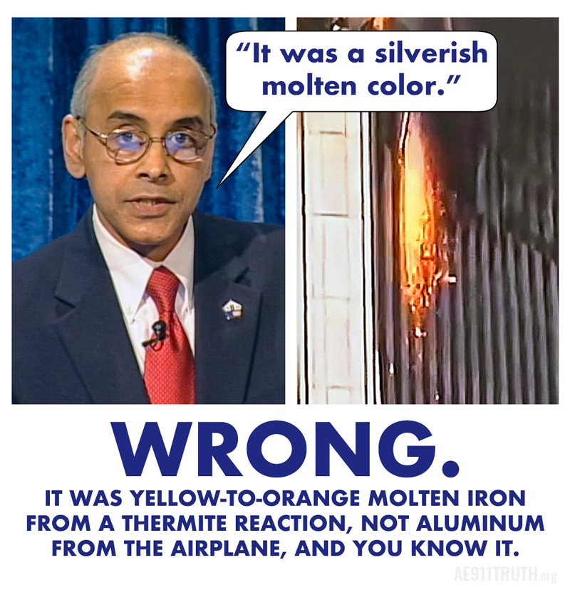 AE911Truth's tweet photo. Sorry, Dr. Sunder. Anyone who looks at the images can see it was not “silverish,” &amp; experiments prove mixing combustibles in molten aluminum does not turn it yellow to orange. Therefore, it was NOT molten aluminum.

@nist @ASCETweets @fireengineering
Any sincere invest . . . https://t.co/TgZuDE6UgK