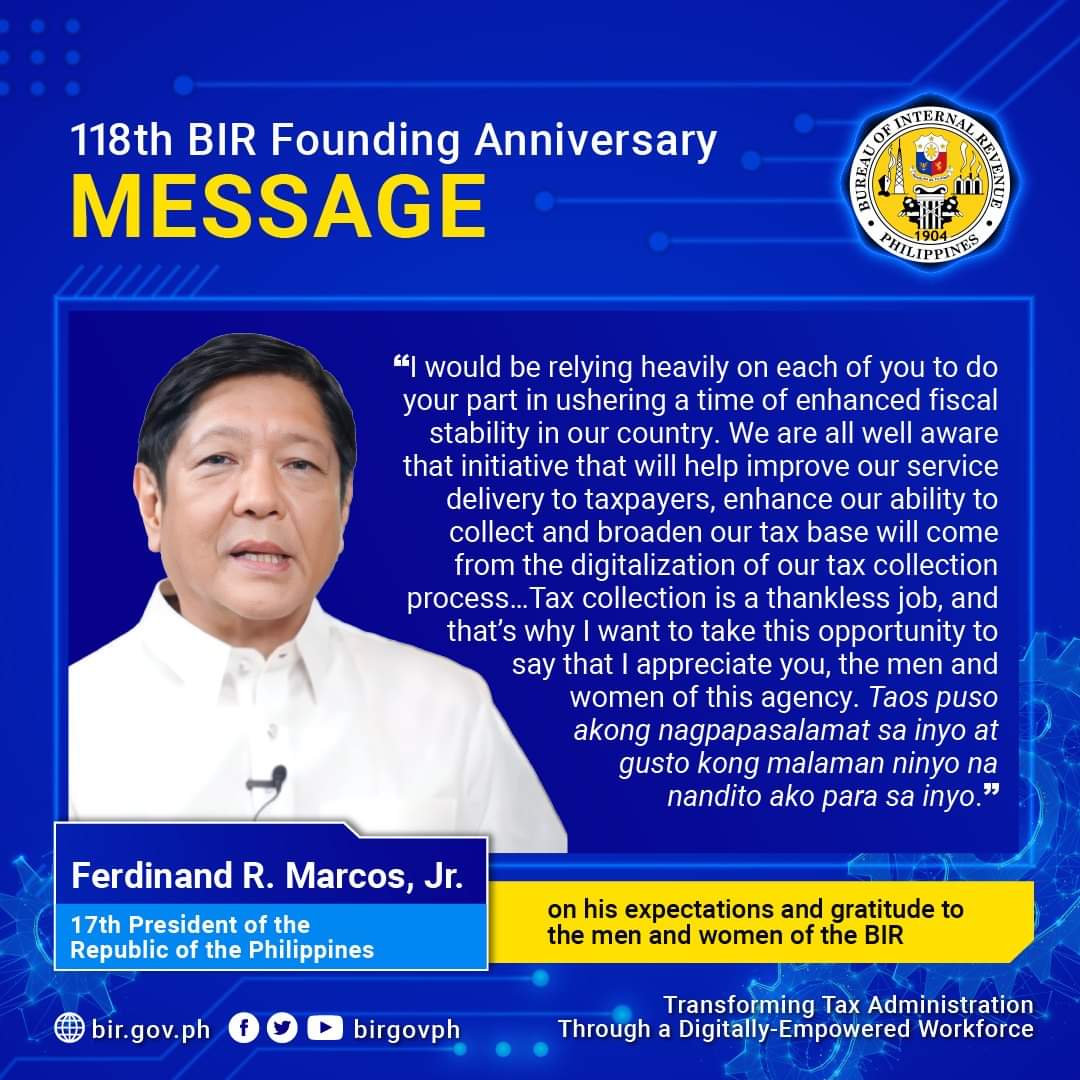 BIRphilippines's tweet photo. President Marcos Delivers Message to Revenuers During the BIR’s 118th Founding Anniversary. For full text, https://t.co/5uwHnRHKIZ https://t.co/y3b7JXmU4p