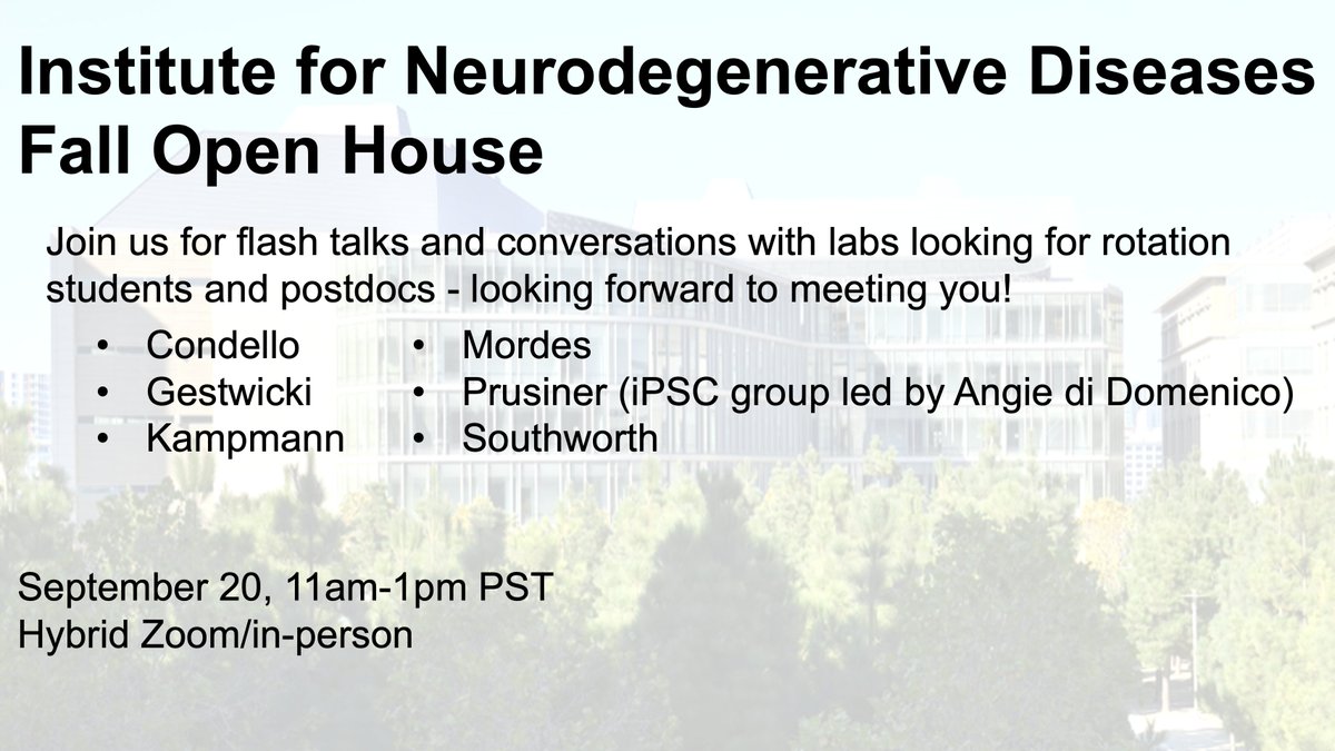 Martin Kampmann (@martinucsf) on Twitter photo Are you an incoming <a href="/UCSF/">UC San Francisco</a> grad student or future postdoc interested in neurodegeneration?
Join us for a hybrid Open House Sept 20 to find out about research at the <a href="/INDUCSF/">Institute for Neurodegenerative Diseases</a> and meet current trainees and faculty!
Pls register by August 26:
forms.gle/URgGeWvgy5DAvC…
See you then! Are you an incoming <a href="/UCSF/">UC San Francisco</a> grad student or future postdoc interested in neurodegeneration?
Join us for a hybrid Open House Sept 20 to find out about research at the <a href="/INDUCSF/">Institute for Neurodegenerative Diseases</a> and meet current trainees and faculty!
Pls register by August 26:
forms.gle/URgGeWvgy5DAvC…
See you then!