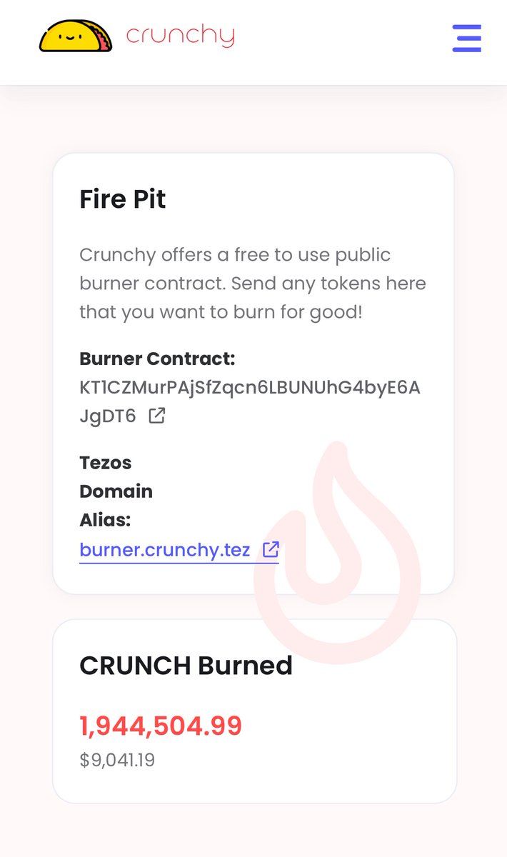 There’s a bonfire going on in the #Crunchy fire pit! 🔥 🔥 🔥 

You can easily check and see how much of the total $CRUNCH supply has been burned, updated in real time.

Almost $10k in $CRUNCH burned 🔥 

app.crunchy.network/#/fire-pit

#defi #xtz #tezos #blockchainevolved $xtz $crDAO