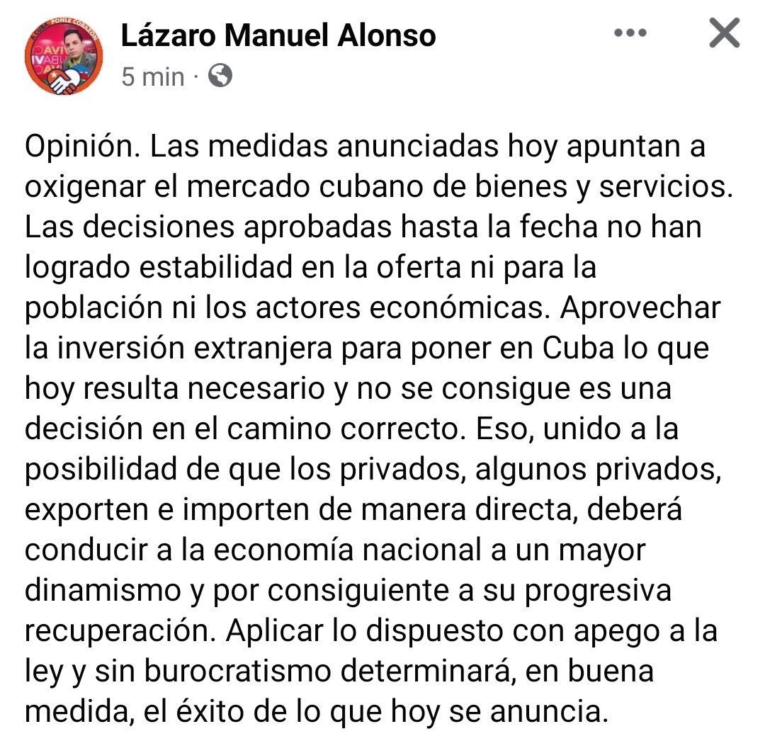 LedyMariCCN's tweet photo. |📣| Anuncian en #Cuba🇨🇺 nuevas medidas para el Comercio Exterior y el comercio interno mayorista y minorista.

Comparto la opinión del colega @lazarito89sitvc 👇 https://t.co/Sp8dGAFiTC