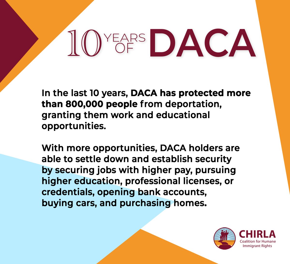 CHIRLA's tweet photo. The DACA program was implemented on August 15, 2012. 10 years later, DACA is not enough. It is time for Congress to unlock permanent residence by updating the registry date and passing HR 8433.
#DefendDACA #DACA10 #UpdatetheRegistry #UnlockResidency #AbranlaResidencia https://t.co/xRjVaxahxs