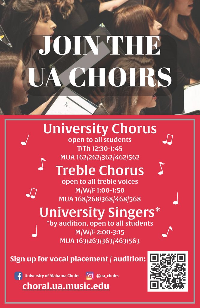 UASchoolofMusic's tweet photo. Come join us in the UA Choral Program!! We hope you’ll come sing with us! Register for a choir today &amp; sign up for voicing with Dr. Luttig at https://t.co/3YJ1Pd9c46 
 
More info about the choirs &amp; how to get involved, email Dr. L at mluttig@ua.edu. 
*Univ Singers is by audition https://t.co/PaDFryS6uA