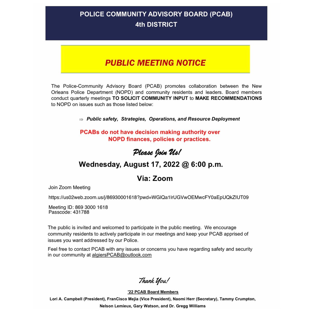 freddiekingiii's tweet photo. POLICE COMMUNITY ADVISORY BOARD (PCAB)
4th DISTRICT @nopdnews 

📅 Weds., August 17th 
⏰6:00 p.m.
🖥 Via: Zoom
♾️Join Zoom Meeting
https://t.co/XxjVgQycEN
Meeting ID: 869 3000 1618
Passcode: 431788

#fkiii #districtc #neworleans https://t.co/aJygGFmjYQ