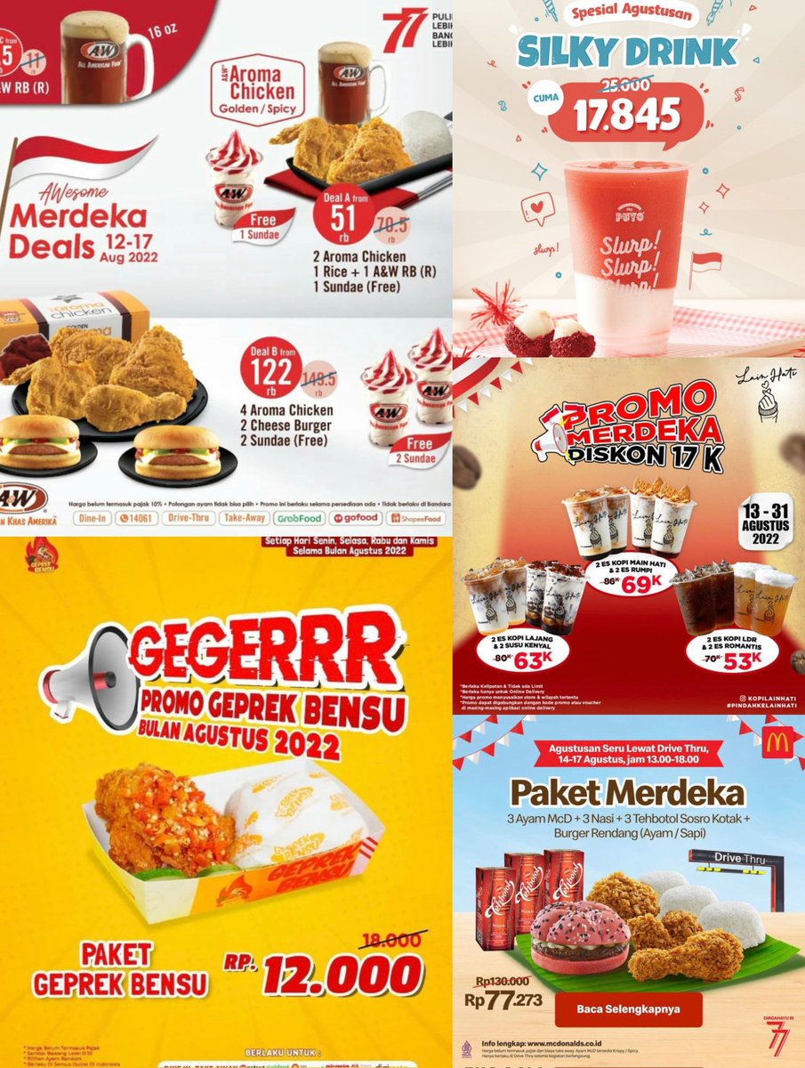 Promo Makanan dan Minuman Spesial Hari Kemerdekaan Indonesia

- A thread.  😍😊🤤🤤
