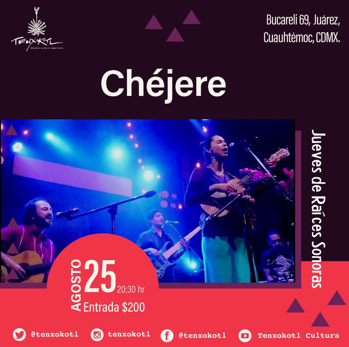 tenxokotl's tweet photo. Vamos afinando garganta y ensayando el coro para juntos cantar “Si me dice que se va... qué se vaya” porque este 25 de agosto lleg @chejere_music a nuestro jueves de #RaicesSonoras
👉🏽20:30 hrs. Entrada $200. Bucareli #69, Col. Juárez. https://t.co/Ku8wTH45WU