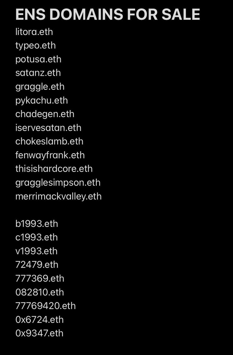 godchristonight's tweet photo. HIT ME W/ OFFERS.
Some are not for sale but you could easily change my mind.
$ENS
#ENS
$ETH
#ETH
#ETHEREUMNAMESERVICE
#ENSDOMAINS
#ETHADDRESS https://t.co/tCFi2MnOaD