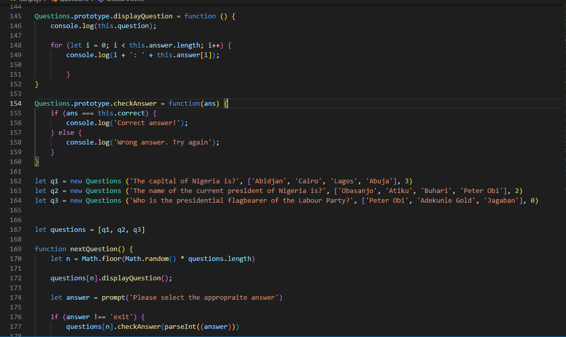th_ejouRney's tweet photo. For Day 18 of:
#100DaysOfCode 
#100daysofcodechallenge 
I worked on this simple quiz generator that runs on the console with #javascript 
It generates random questions from an array of questions and display them on the console with their possible answers.... https://t.co/0kY7cyo39p