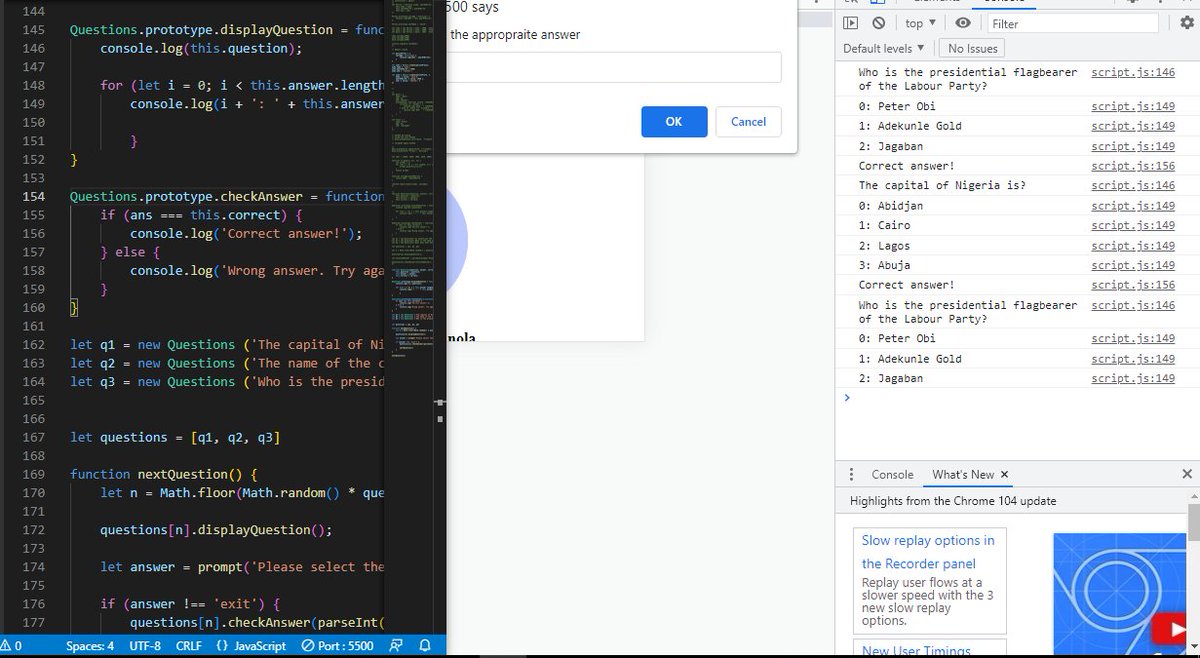 th_ejouRney's tweet photo. For Day 18 of:
#100DaysOfCode 
#100daysofcodechallenge 
I worked on this simple quiz generator that runs on the console with #javascript 
It generates random questions from an array of questions and display them on the console with their possible answers.... https://t.co/0kY7cyo39p