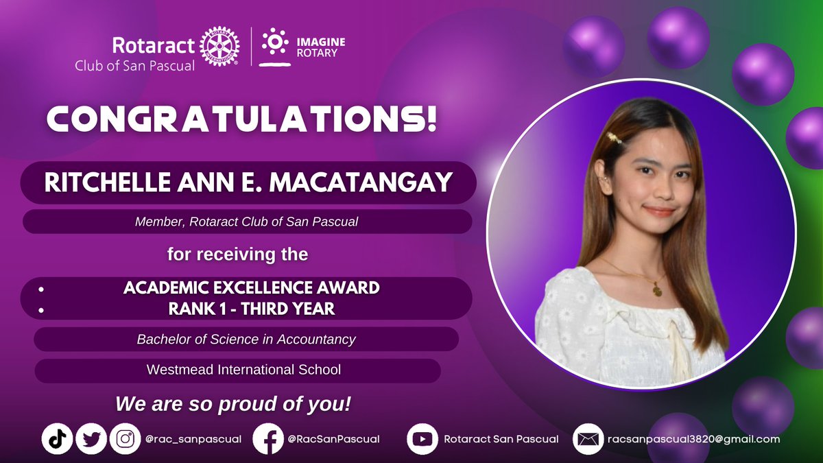 rac_sanpascual's tweet photo. Congratulations to these Rotaractors for their well-deserved successes! Your RACSP family is truly proud of all of you! 💜💚✨

#ImaginativeYear
#PilipinasRotaractMDIO
#ImagineRotary
#RID3820
#RotaractClubofSanPascual https://t.co/TzaAGQrPH5