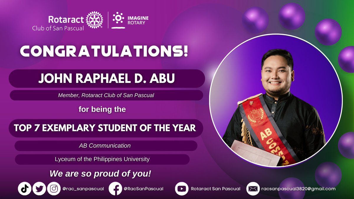 rac_sanpascual's tweet photo. Congratulations to these Rotaractors for their well-deserved successes! Your RACSP family is truly proud of all of you! 💜💚✨

#ImaginativeYear
#PilipinasRotaractMDIO
#ImagineRotary
#RID3820
#RotaractClubofSanPascual https://t.co/TzaAGQrPH5