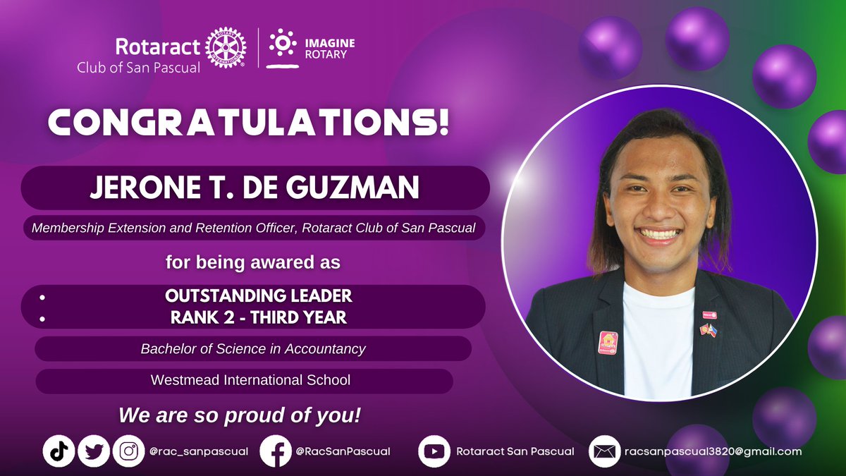 rac_sanpascual's tweet photo. Congratulations to these Rotaractors for their well-deserved successes! Your RACSP family is truly proud of all of you! 💜💚✨

#ImaginativeYear
#PilipinasRotaractMDIO
#ImagineRotary
#RID3820
#RotaractClubofSanPascual https://t.co/TzaAGQrPH5