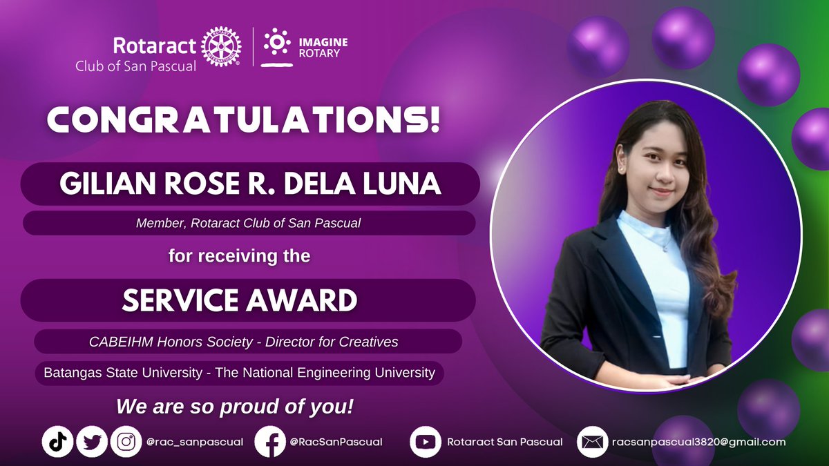 rac_sanpascual's tweet photo. Congratulations to these Rotaractors for their well-deserved successes! Your RACSP family is truly proud of all of you! 💜💚✨

#ImaginativeYear
#PilipinasRotaractMDIO
#ImagineRotary
#RID3820
#RotaractClubofSanPascual https://t.co/pDLGj8BuXT
