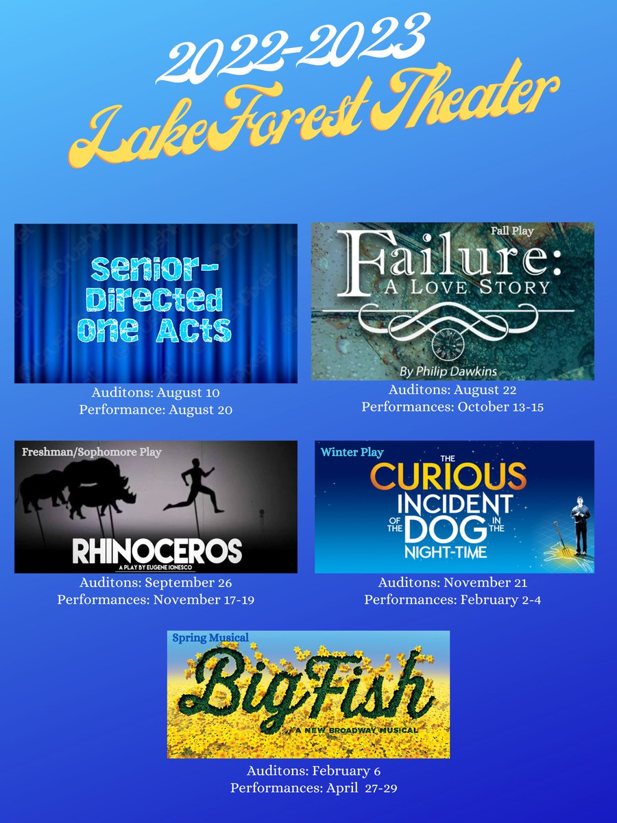 We are super excited about our upcoming Theater season, starting with the Senior-Directed One Acts, which goes up THIS SATURDAY, August 20, at 7:00 PM in the Raymond Moore Auditorium. Tickets are available at the door -- $5 for students / $10 for adults.