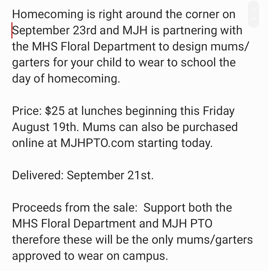 mjhsbears's tweet photo. MJH PTO Homecoming mum and garter fundraiser begins today!
***These are the only mums and garters sold and wore on campus*** https://t.co/palRp49DpW
