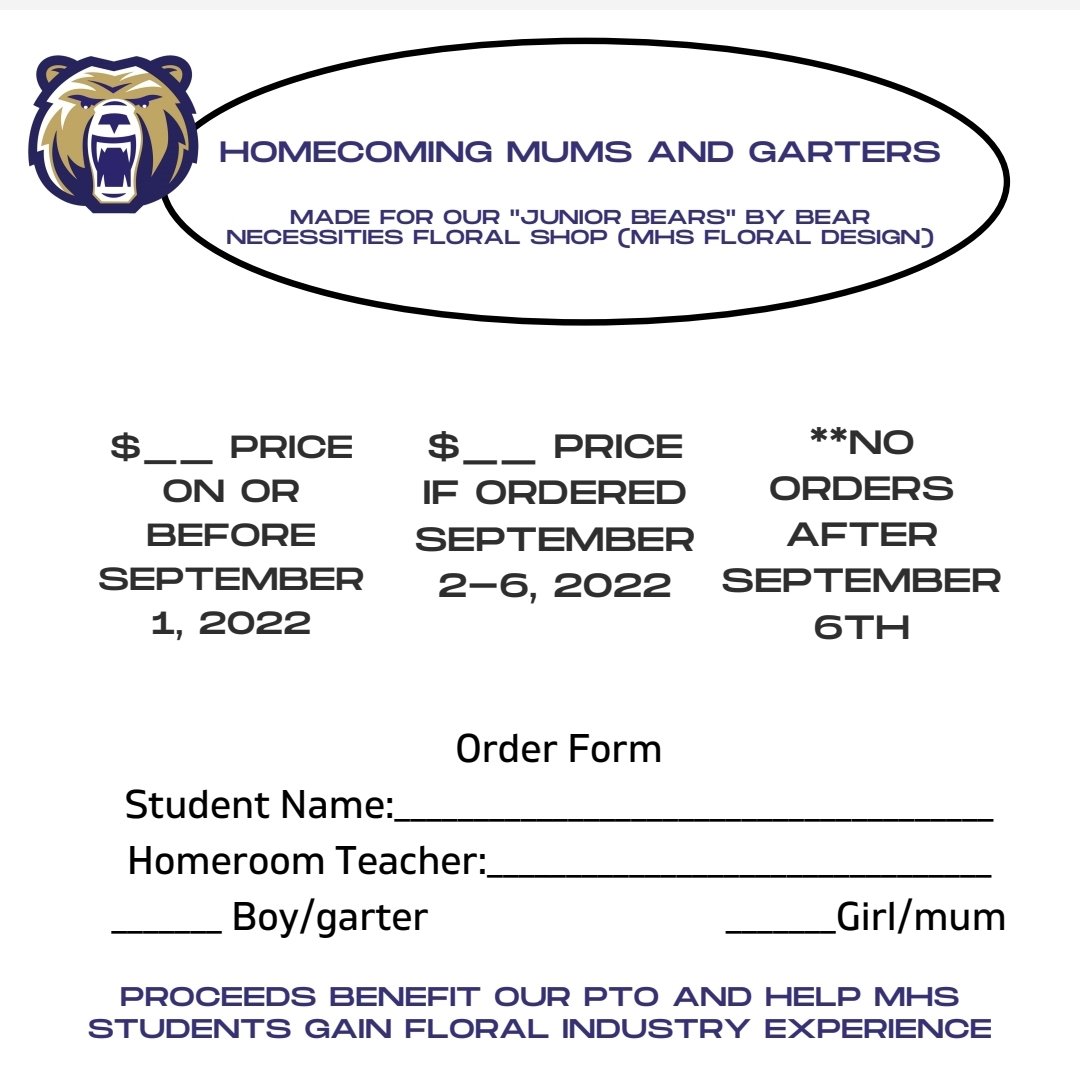 mjhsbears's tweet photo. MJH PTO Homecoming mum and garter fundraiser begins today!
***These are the only mums and garters sold and wore on campus*** https://t.co/palRp49DpW