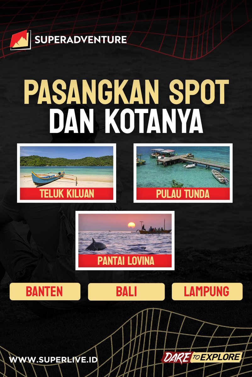 adventure_super's tweet photo. Mau voucher Superstore Rp500 ribu untuk 5 pemenang? Jawab pertanyaan di gambar! Reply jawaban lo, mention juga 3 temen dan ajak mereka untuk ikutan juga. Kasih hashtag #SuperLive, #SuperAdventure, #DareToExplore, #SuperAdventureQuiz dan #IDare juga ya, Superfriends. Good luck! https://t.co/rW1nuY0Fad