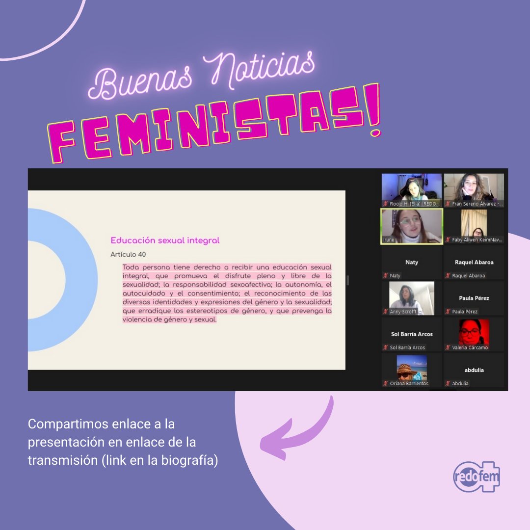 Gracias a quienes nos acompañaron en el 𝑇𝑎𝑙𝑙𝑒𝑟 𝑜𝑛𝑙𝑖𝑛𝑒 sobre ✤ 𝐌𝐮𝐣𝐞𝐫𝐞𝐬, 𝐝𝐢𝐯𝐞𝐫𝐬𝐢𝐝𝐚𝐝𝐞𝐬 𝐲 𝐝𝐢𝐬𝐢𝐝𝐞𝐧𝐜𝐢𝐚𝐬 ✤ en la Nueva Constitución.
Agradecemos enormemente a Irune por preparar y entregarnos esta formación, #YoAprueboX un futuro feminista!💜