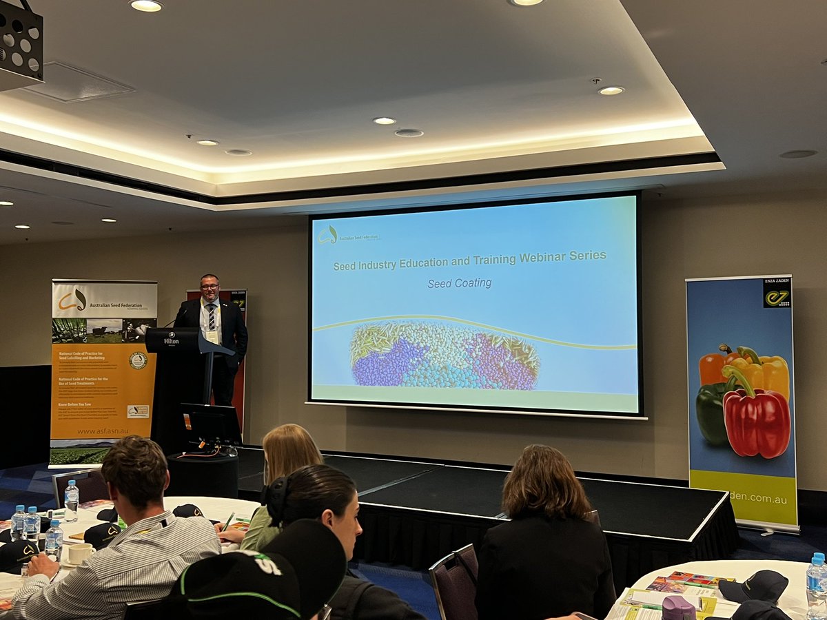 AusSeedFed's tweet photo. After some great Q+A for Steve, we are hearing from Ashley Fraser, Baker Seed Co, discussing seed processing and coating. 🌱 #ASFSeedBiz22 https://t.co/Z82ps9IV2w